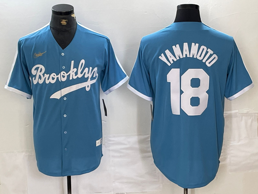 Men's Los Angeles Dodgers Yoshinobu Yamamoto #18 Light Blue Alternate Cooperstown Collection Player Jersey